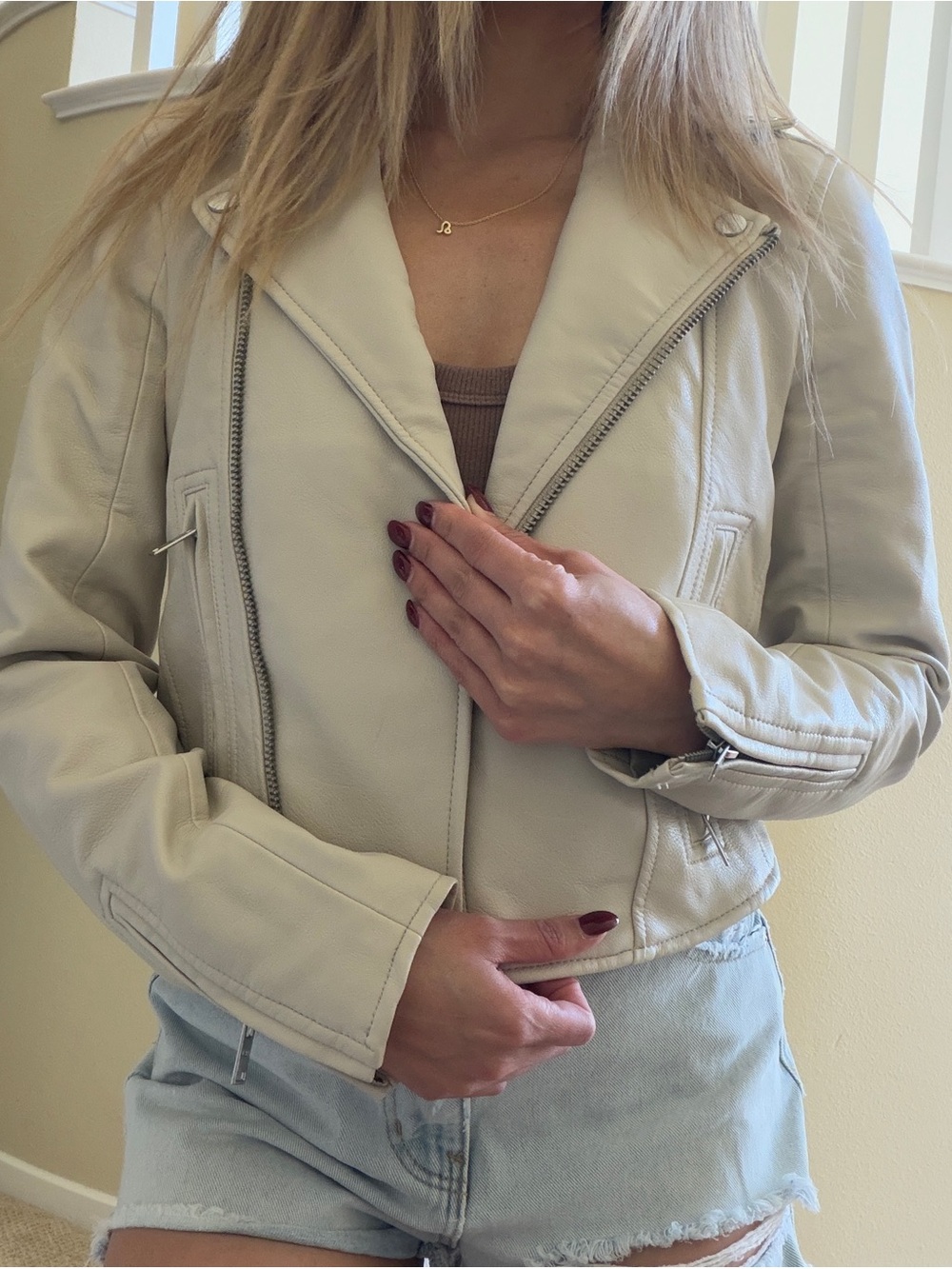 Abercrombie & Fitch Cream Vegan Leather Moto Jacket